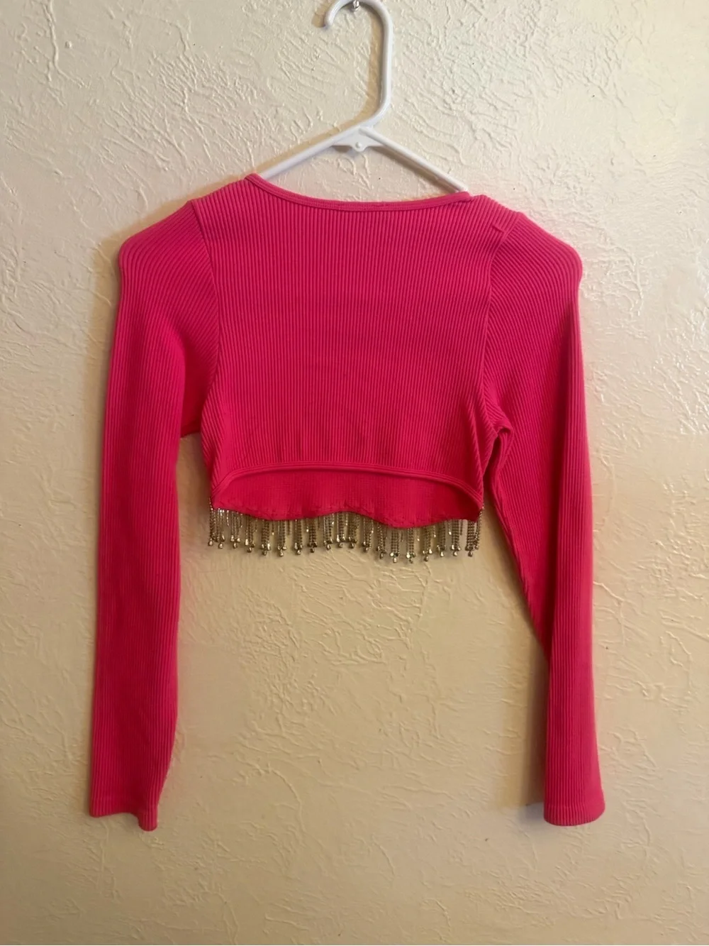 Sincerely Jules Cropped Pink Long-Sleeve Top with Beaded Fringe
